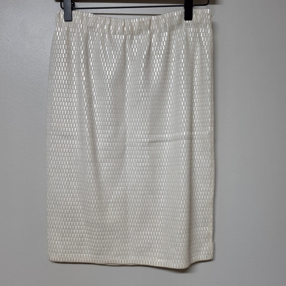 St John Marie Gray Size 2 Skirt Suit Ivory Sequin Knit Rhinestone Button 2PC - Picture 9 of 15